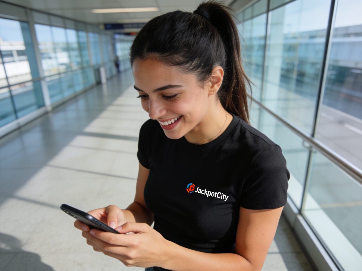 Usuaria de JackpotCity revisando la aplicación en su teléfono